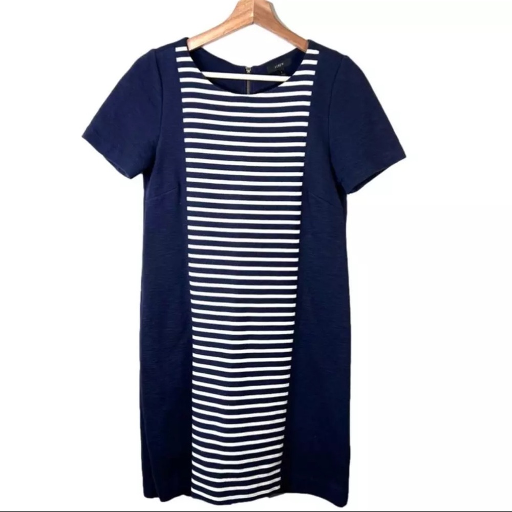 J. Crew Navy Striped Knit Short Sleeve Mini Shift Dress Size 0 *EUC* - Picture 3 of 9